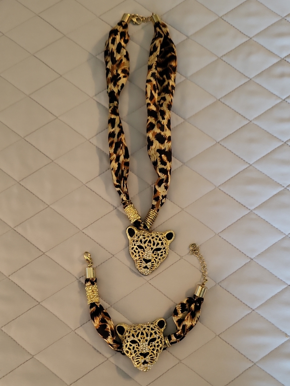 Gold Leopard Statement Necklace and Bracelet Set - Animal Print